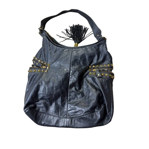 Betsey Johnson Studded Leather Hobo Bag Tassel Accent & Leopard Print Lining - Picture 3 of 9